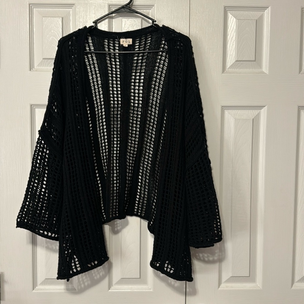 POL Black Oversized Open Knit 3/4 Sleeve Drop Shoulder Open Cardigan